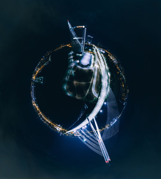 球体行星夜房子里加市，桥，拉脱维亚360 VR无人机图片虚拟现实，全景图片下载