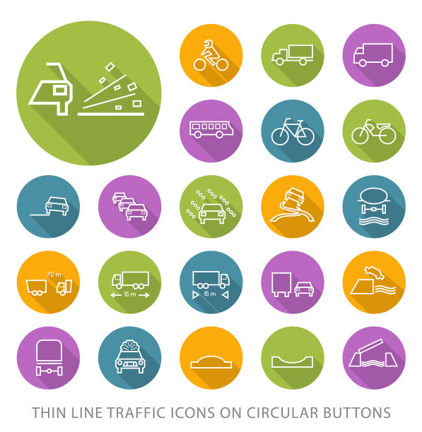 一套优雅的通用白色交通极简主义细线图标在白色背景上的圆形彩色按钮图片下载