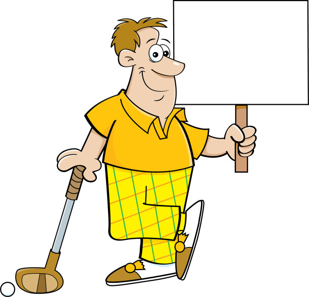 卡通高尔夫球手拄着高尔夫球杆举着一个标志。图片下载