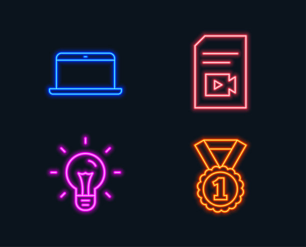 创意，笔记本电脑和视频文件图标。最好的等级标志。灯泡，手机电脑，视频博客页面。成功的金牌。图片下载