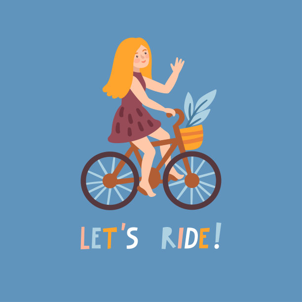 矢量插图微笑的女人骑自行车和文字“让我们骑”。可爱的卡通人物在自行车上。图片下载