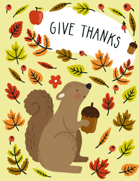 感恩节的节日卡片上有松鼠、橡子、秋叶和文字“感谢”。令人敬畏的自然背景与可爱的卡通人物和花卉元素。图片下载