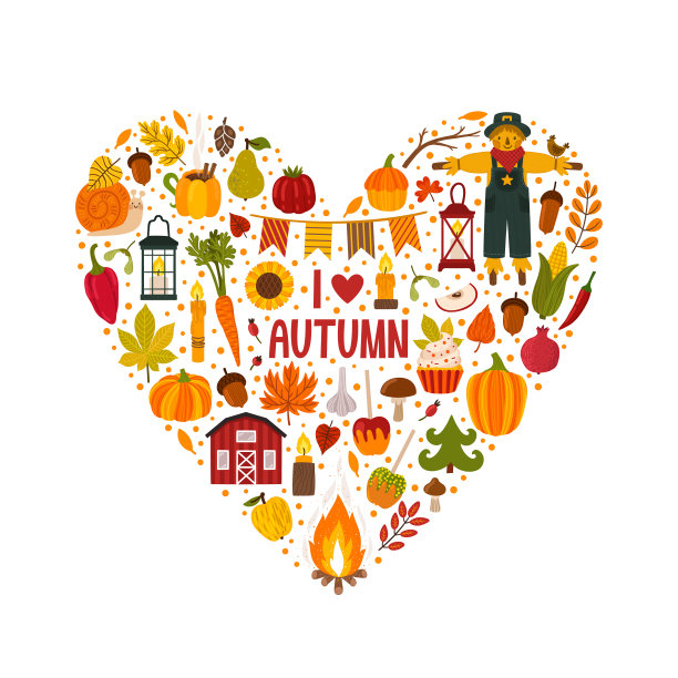 矢量插图的心由秋天的元素:蔬菜，水果，蜡烛，灯笼。明亮的秋季海报。概念的背景。图片下载