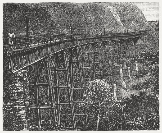 巴西桑托斯附近的历史铁路桥，木刻，1888年出版图片下载