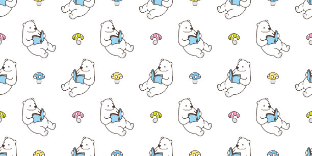 熊无缝图案北极熊熊猫矢量泰迪看书蘑菇孤立的背景壁纸图片下载