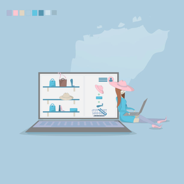 矢量女孩购物通过互联网。图片下载