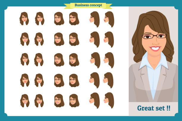 一套女性情感设计。面部表情。女孩阿凡达。正面，侧面，侧面视图动画角色。矢量插图的卡通风格。商务女孩角色创造集。图片下载