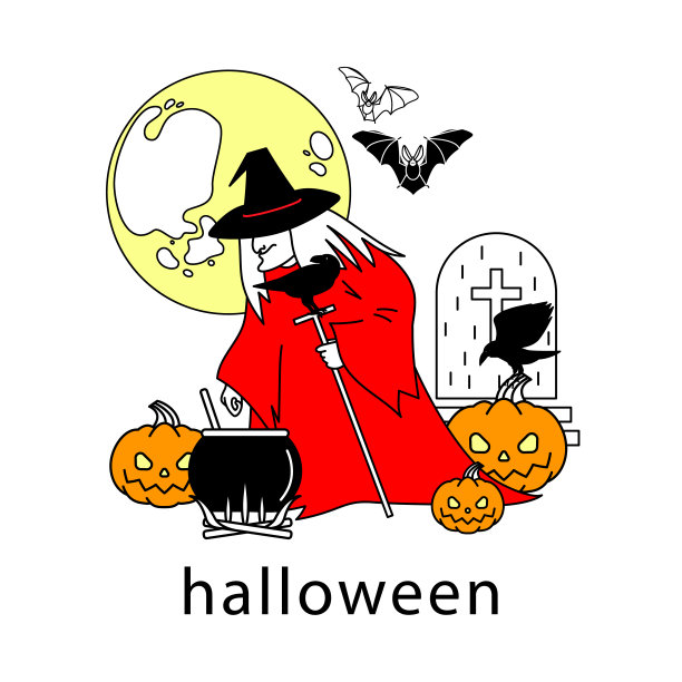 万圣节矢量插图。女巫，大锅，南瓜，满月，蝙蝠，乌鸦，白色背景上的墓碑。图片下载