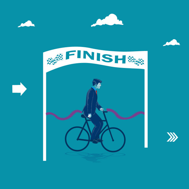 商人骑着自行车越过终点线。商业隐喻，矢量图图片下载