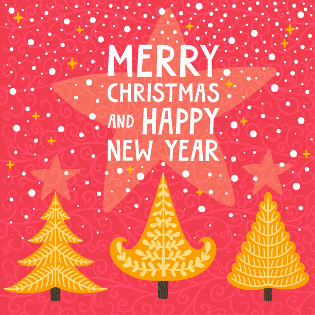 矢量圣诞卡可爱的冷杉树，星星，雪和手写的文字“圣诞快乐和新年快乐”。明亮的节日背景与圣诞装饰。图片下载