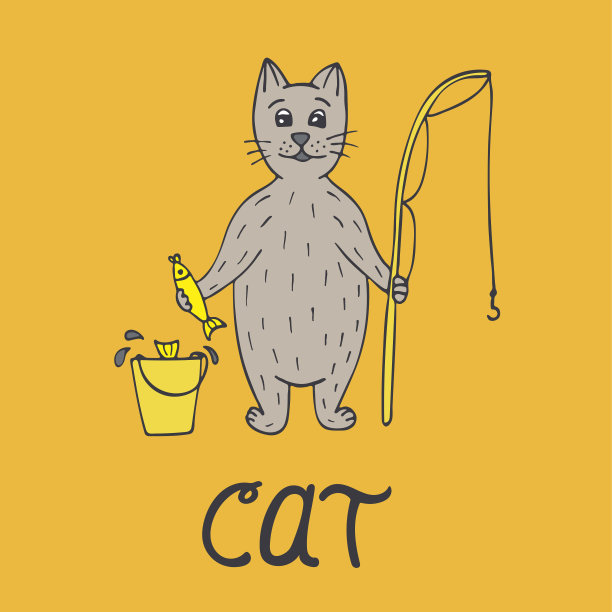 可爱的手绘猫渔民与鱼和一根棍子和字母。图片下载