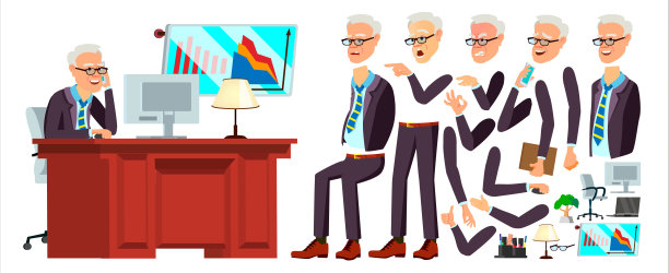 老办公室工作人员向量。面对情绪，各种手势。动画。商人的人类。现代橱柜员工，工人，劳动者。孤立的平面卡通人物插图图片下载