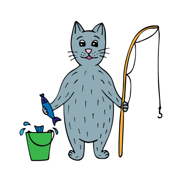 可爱的手绘猫渔民与鱼和一根竿。图片下载