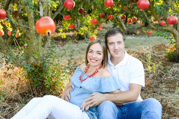 这是一个幸福的家庭在石榴花园里休息的照片。丈夫手牵着怀孕妻子的肚子。生育能力的概念。夕阳的光。软选择焦点，文本空间。图片下载