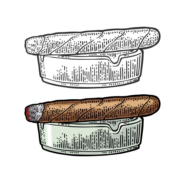 雪茄和烟灰缸。矢量复古雕刻彩色插图图片下载