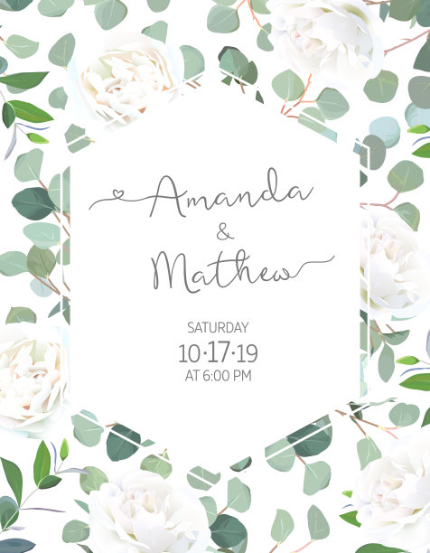 银元桉树和奶油白玫瑰矢量设计fra图片下载