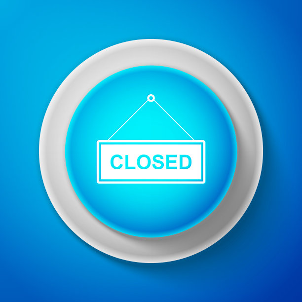 白色悬挂标志，带文字“Closed door”图标，蓝色背景。带白色线条的蓝色圆圈按钮。矢量图图片下载