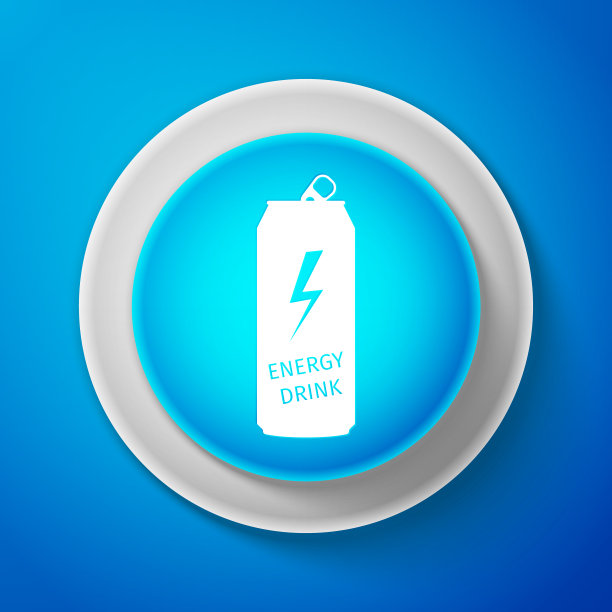 白色能量饮料图标孤立在蓝色背景。用白线圈出蓝色按钮。矢量图图片下载