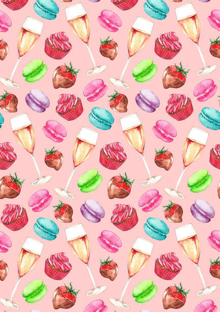 水彩香槟草莓巧克力纸杯蛋糕背景图案纹理图片下载