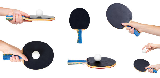 一套不同的乒乓球与手孤立在白色背景图片下载