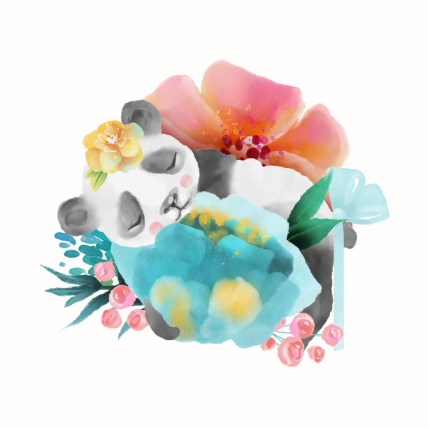 可爱水彩动物宝宝熊猫与花环，蝴蝶结和鲜花花束白色背景插画图片下载