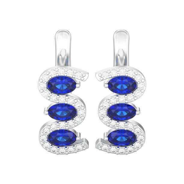 3D插图孤立银钻石蓝色蓝宝石耳环铰链锁图片下载