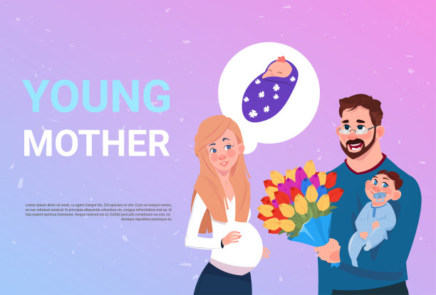 年轻的母亲怀孕的女人与丈夫抱着花和小的儿子在背景与复制空间图片下载