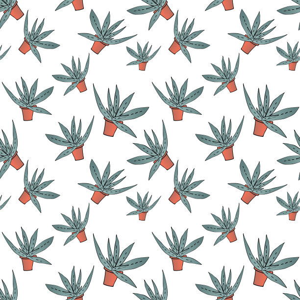 家绿色芦荟在棕色花盆无缝图案图片下载