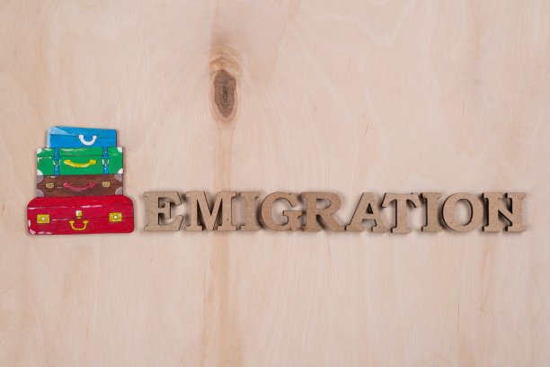 移民，这个词在抽象的木制字母。背景是木质表面和一堆手提箱。图片下载