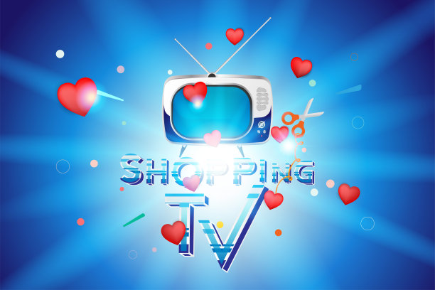 电视购物。在线销售的概念与大量的文字，复古电视和红色的心在蓝色的背景与灯光效果。平面矢量插图EPS10图片下载
