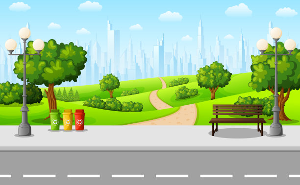 郊区带长椅和路灯的绿色城市公园图片下载