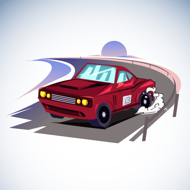 赛车漂移在道路与海滩和日落背景矢量图片下载