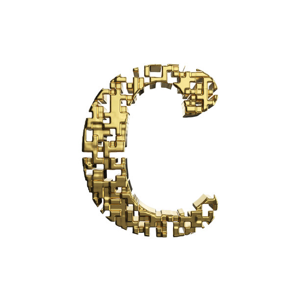 大写字母C。由黄色金属形状制成的金色字体。3D渲染孤立的白色背景。图片下载