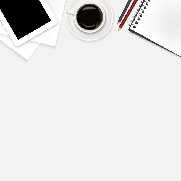 逼真的办公室背景，咖啡，笔记本，写字板，铅笔，纸在白色的桌子上。隔离背景。现实的向量的设计。图片下载