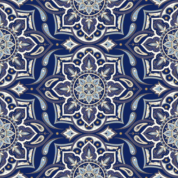 花卉印度涡纹矢量无缝。复古花民族装饰印度尼西亚蜡染布纱笼。东方民俗设计的卧室纺织品，瑜伽墙纸，土耳其豪华婚礼。图片下载