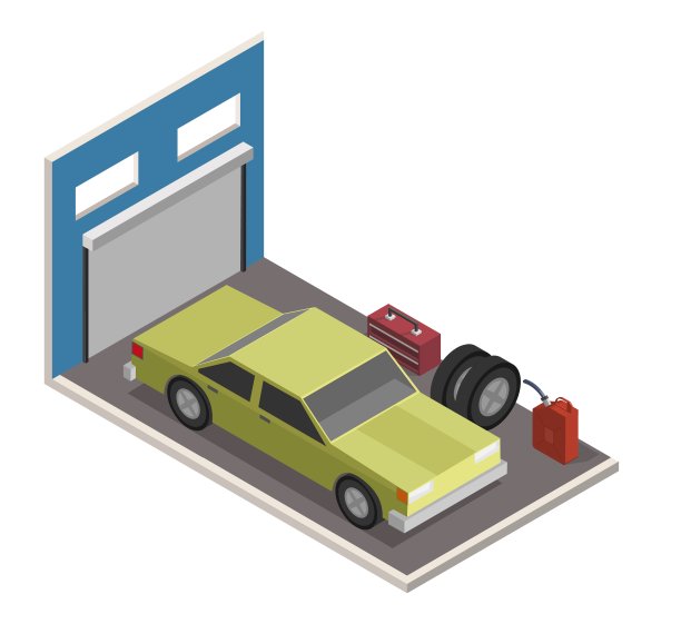等距车库中心机械车服务与维修检查车辆的轮机和矢量插图大集图片下载