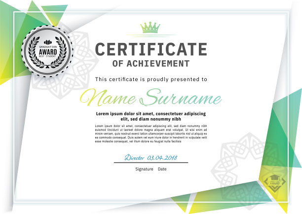 官方白色证书与绿色三角形设计元素。商业洁净现代设计图片下载