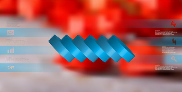 三维插图信息图形模板与主题的水平切片圆筒六个蓝色部分，其中泼洒。简单的标志和文字是在彩色横幅。背景是模糊的照片。图片下载