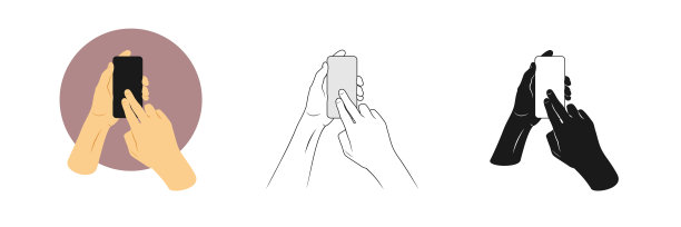 矢量插图设置人的手握智能手机和触摸屏幕与两个手指。轮廓，剪影和彩色图片图片下载