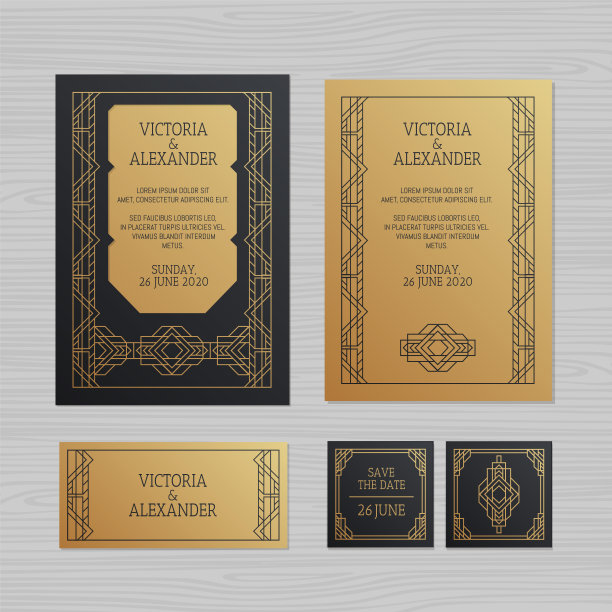 带有几何装饰的豪华婚礼请柬或贺卡。装饰艺术风格。纸花边信封模板。婚礼邀请信封激光切割模型。矢量插图。图片下载