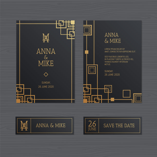 带有几何装饰的豪华婚礼请柬或贺卡。装饰艺术风格。矢量插图。图片下载