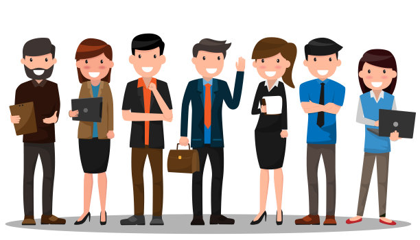 业务人员团队合作。商人和女商人在平面设计人物人物。人们工作在各种姿态矢量插图。老板,经理,员工。图片下载