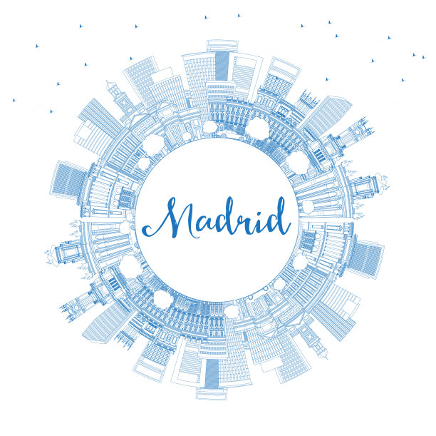 用蓝色建筑和复制空间勾勒出西班牙马德里城市天际线。图片下载