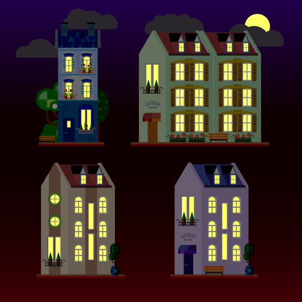 一套夜间房屋的平面插图。三层楼高的建筑。向量图片下载