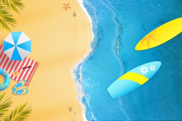 从上面冲浪。夏日沙滩趣味构图，色彩鲜艳。图片下载