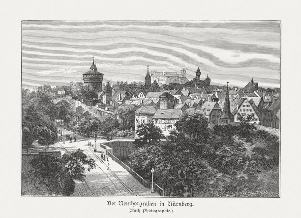 德国巴伐利亚州纽伦堡的纽顿地堑，木刻，1897年出版图片下载