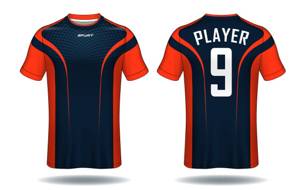 足球球衣模板。蓝色和红色布局的运动t恤设计。图片下载