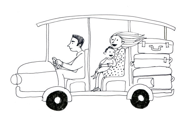 黑白电动汽车，带家人和行李箱。旅馆司机抱着一名带着婴儿和行李箱的女游客图片下载