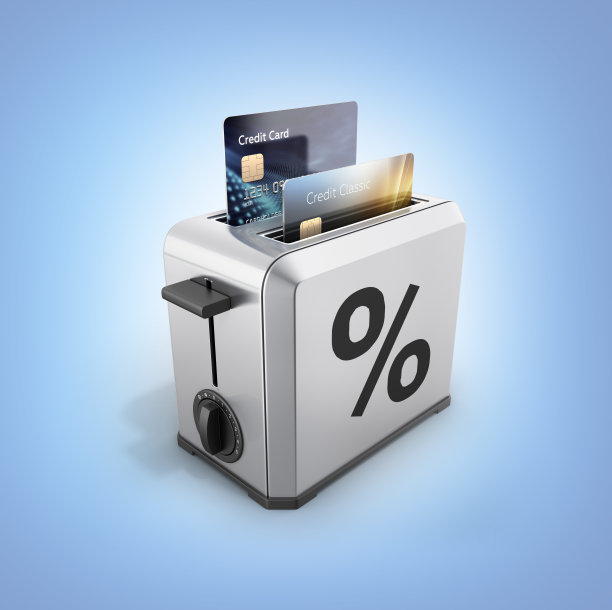 现代概念的快速贷款和支付信用卡在烤面包机与绘制百分比孤立的蓝色梯度背景3d渲染图片下载