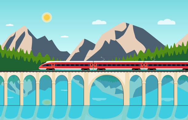 铁路和桥梁上有森林、山脉和河流。矢量平面样式插图图片下载